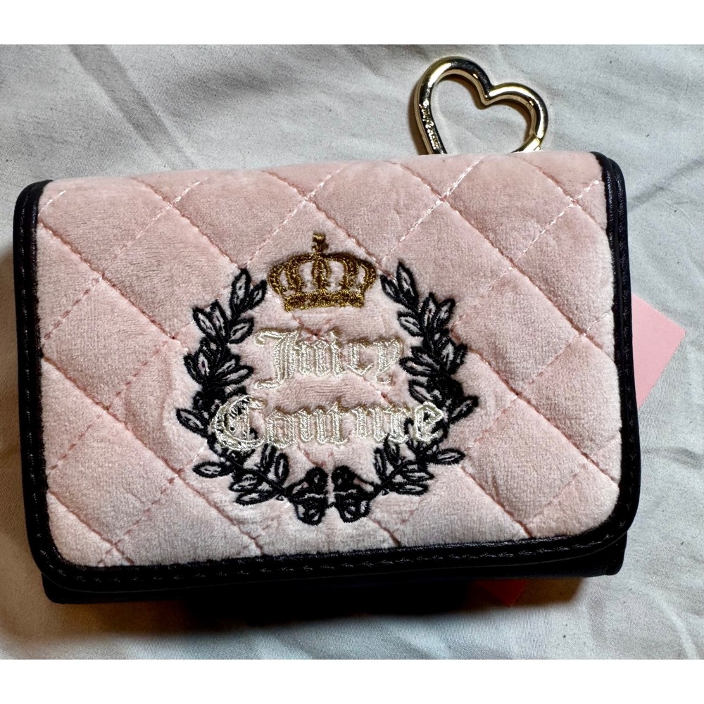 Juicy Couture Pink Quilted Velvet Wallet Card Holder w Heart Keychain NEW